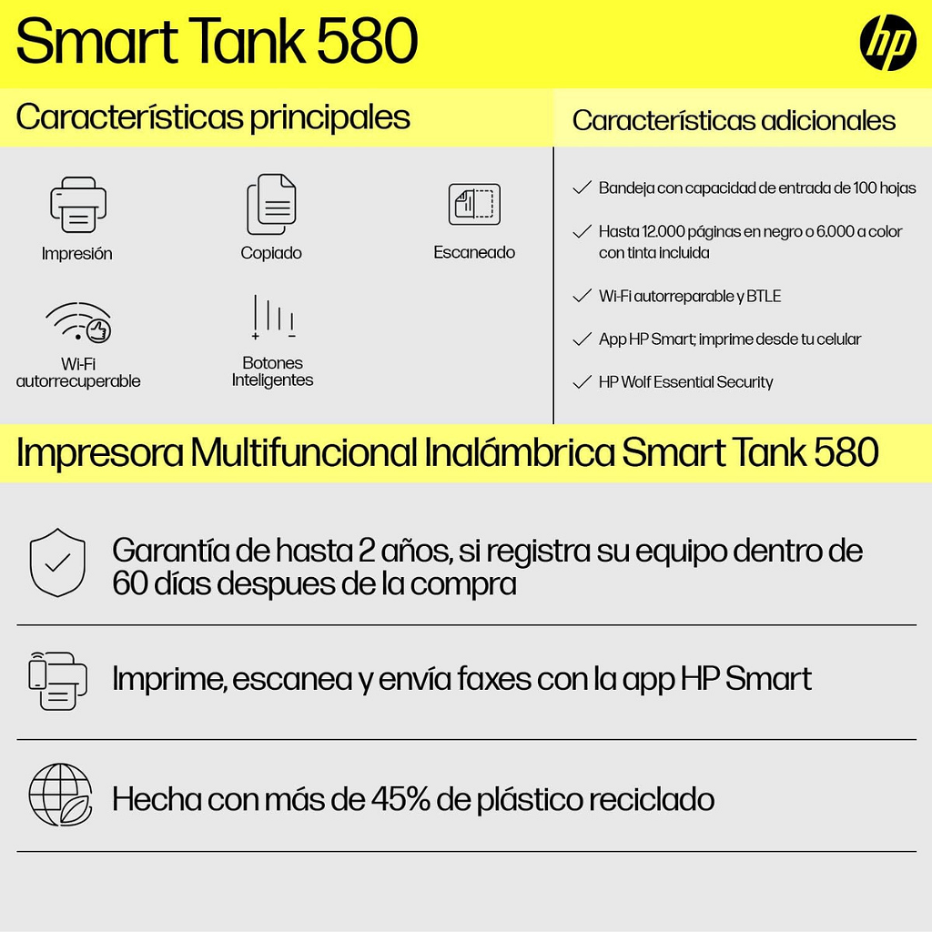 Impresora Multifunción Hp Smart Tank 580 - Sistema Continuo - Wifi _ Foto