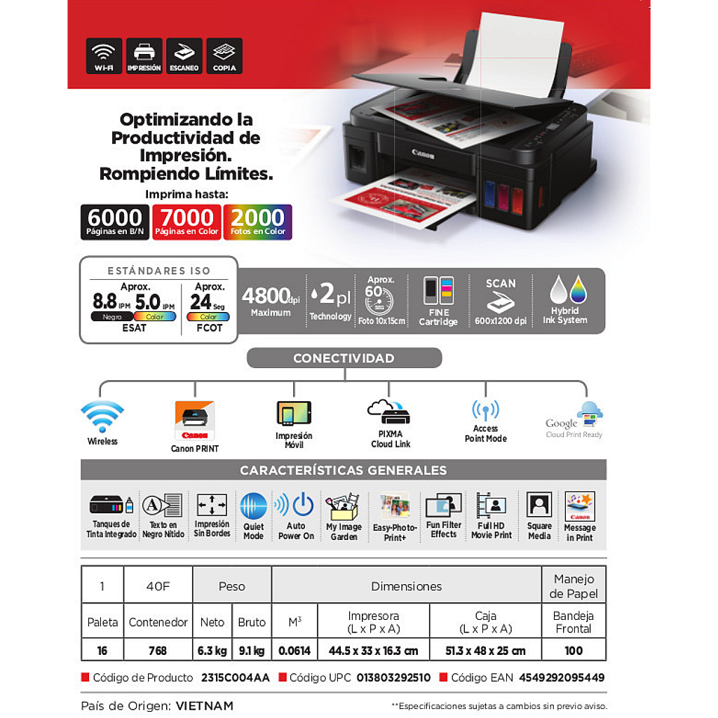 Impresora Multifunción Canon Pixma G3110 Sistema Continuo Wifi _ Foto